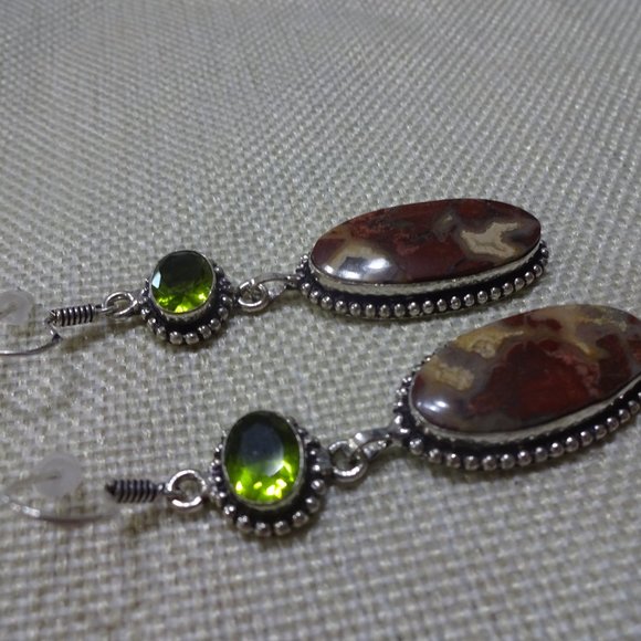 Natural "BLOODSTONE AGATE & PERIDOT" Handmade Sterling Dangle Earrings #773A - Picture 2 of 3